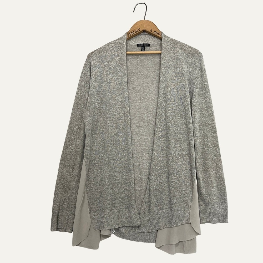 Eileen Fisher Gray Linen Silk Mixed Media Open Front Cardigan Sweater Womens M